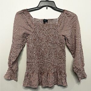 Indigo Poppy Smocked Gingham Blouse Brown White Ruffle Size Medium
